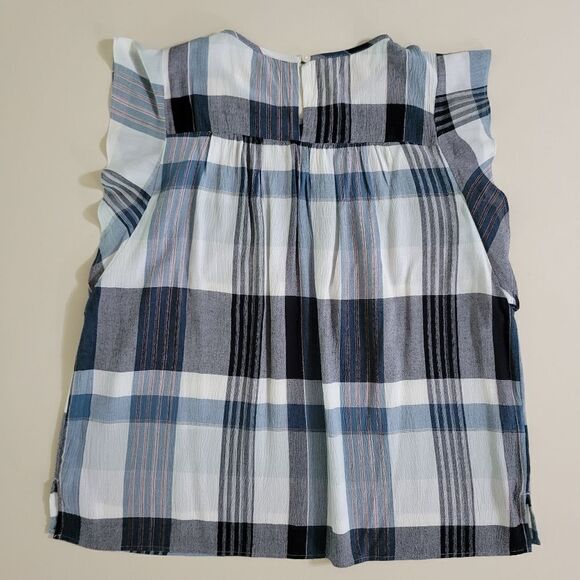 Loft Blue Plaid Rayon Sleeveless Ruffle Blouse - Picture 15 of 16